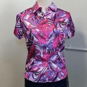 Vintage 90s Y2K Whimsigoth Floral Blouse M Pink Purple Grunge Fairycore